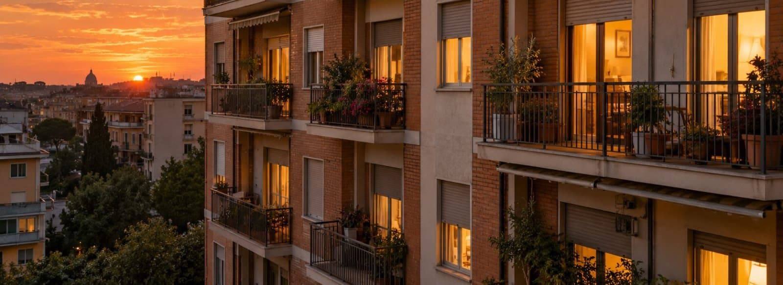 Facciata di un condominio italiano al tramonto con balconi affiancati e finestre illuminate