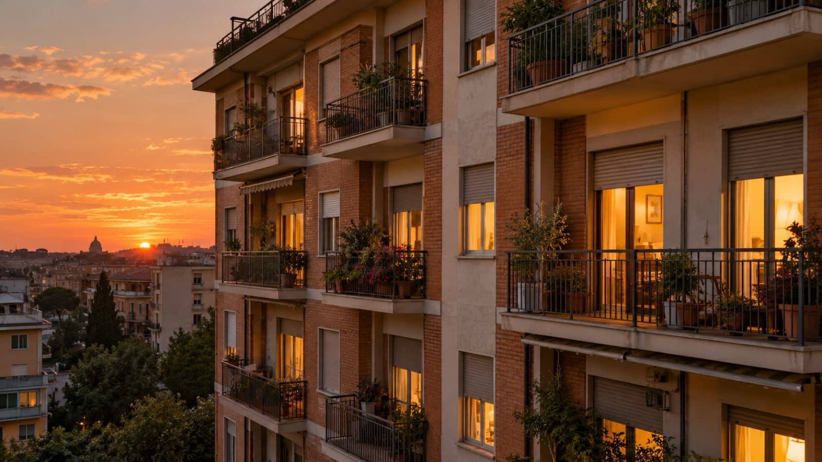Facciata di un condominio italiano al tramonto con balconi affiancati e finestre illuminate