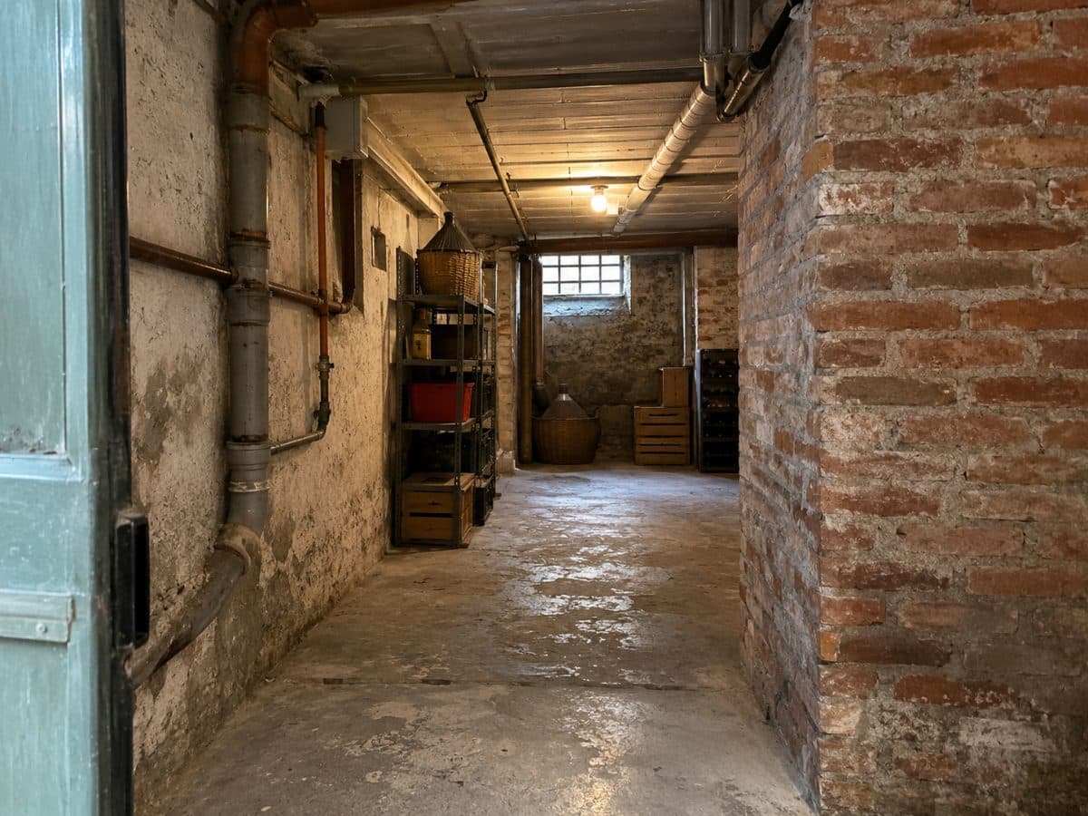 Ingresso di una cantina umida con tubi a vista