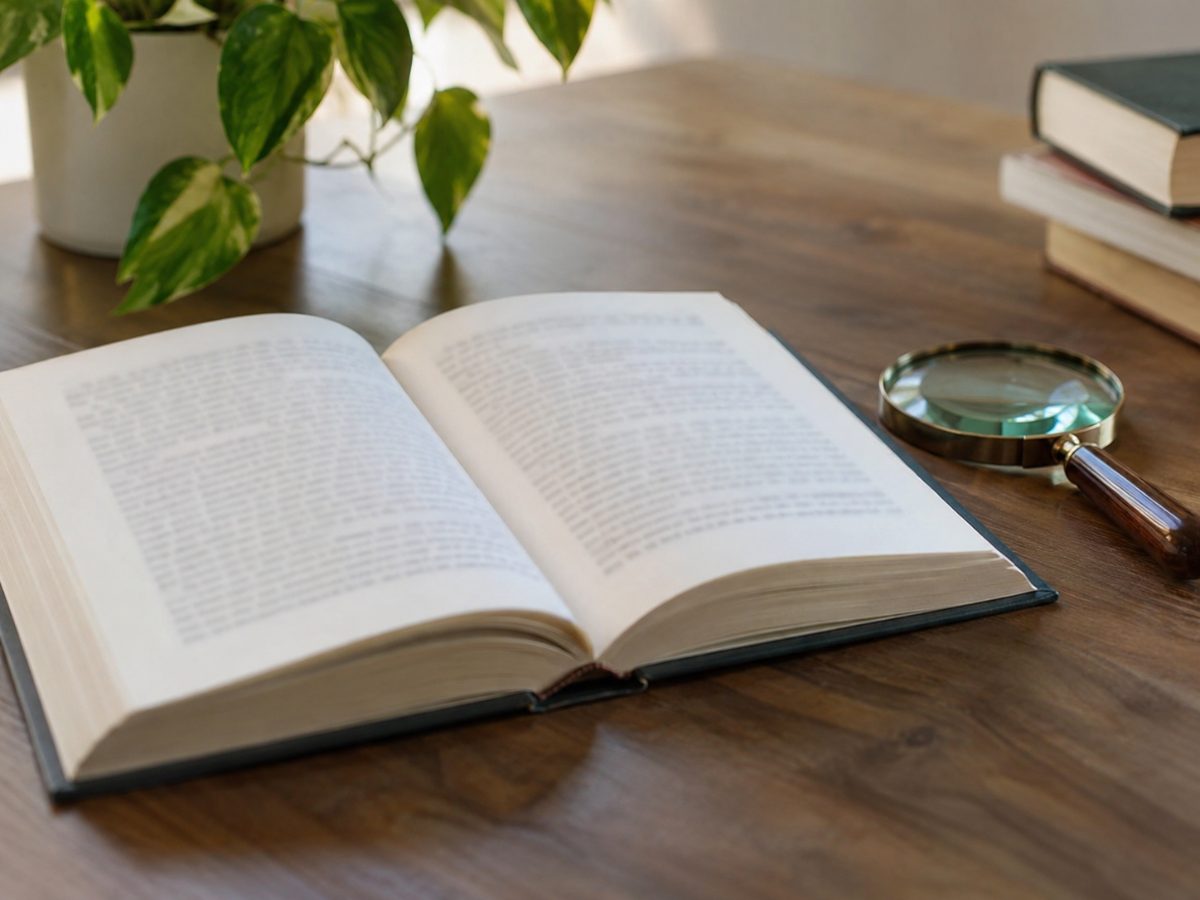 Libro aperto su una scrivania con una lente di ingrandimento