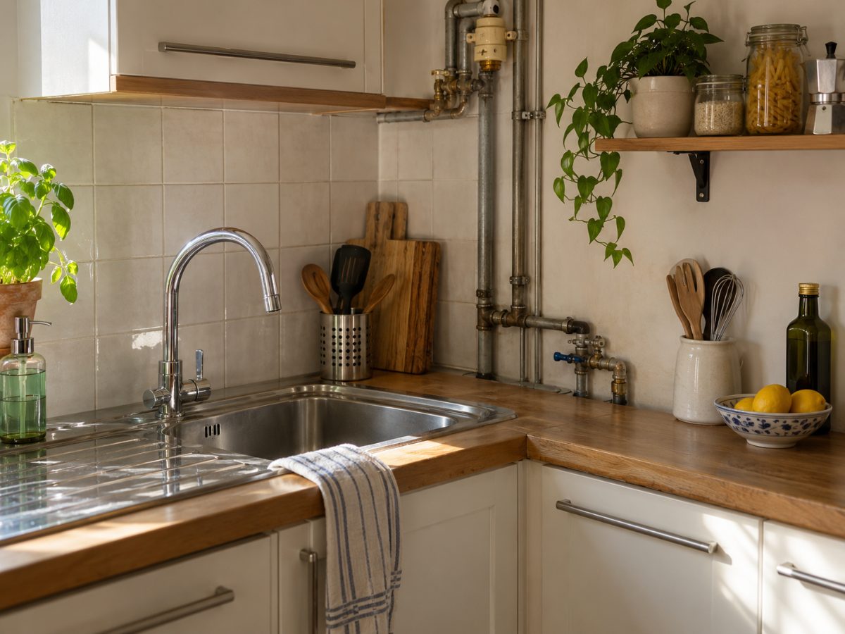 Angolo di cucina con parete in comune e tubi dell’acqua a vista