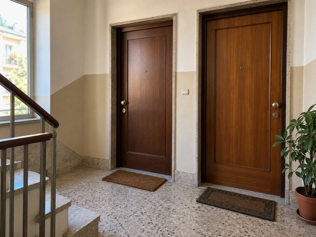 Pianerottolo di condominio con due porte di appartamento affiancate