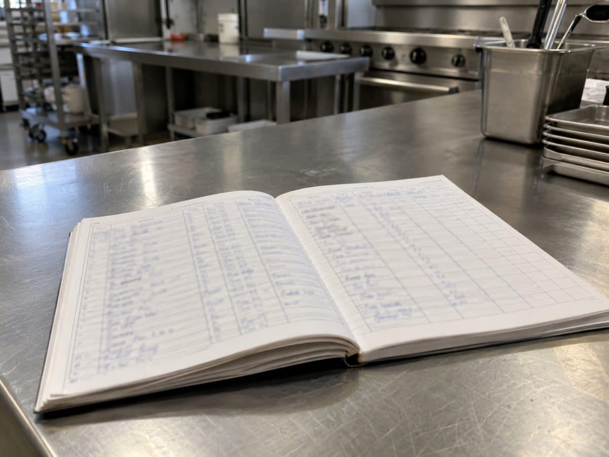 Quaderno di registrazione dei controlli su un tavolo in acciaio