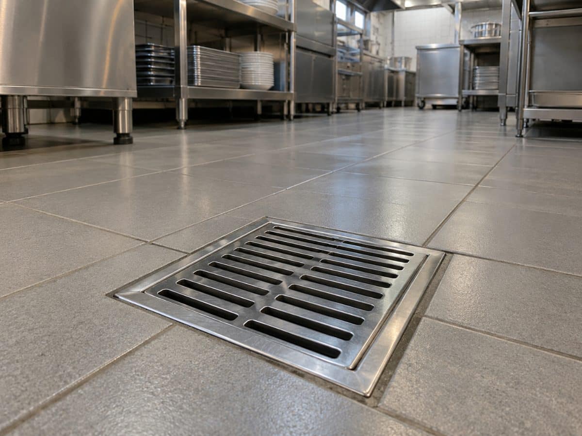 Scarico a pavimento con griglia in una cucina professionale