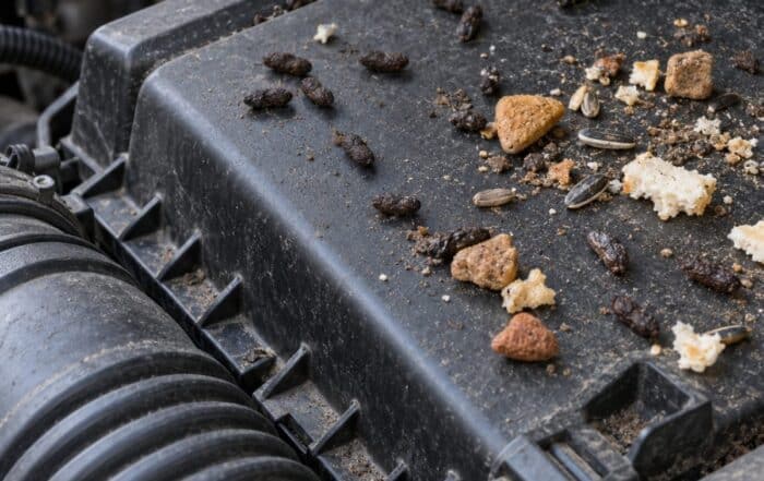 Escrementi di roditore e residui di cibo visibili nel vano motore auto - segnali di infestazione