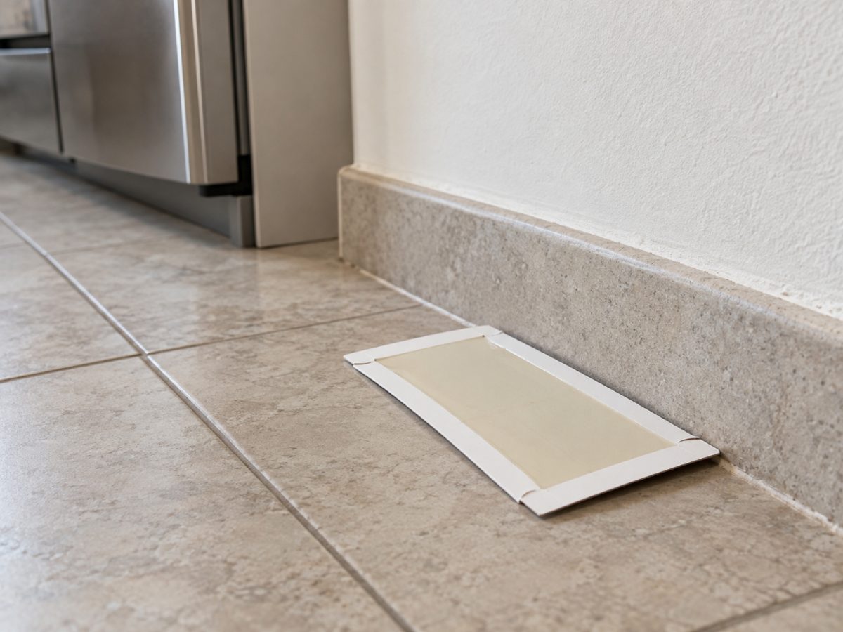 Trappola adesiva di monitoraggio sul pavimento di una cucina vuota vicino al muro
